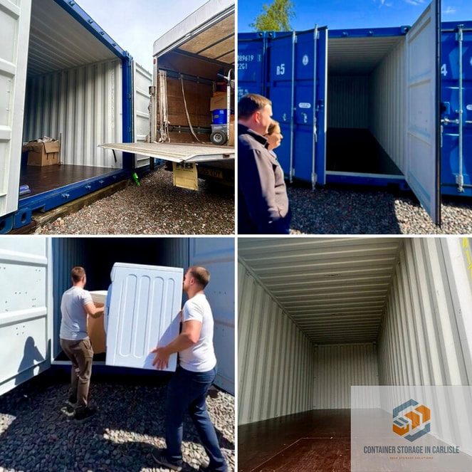 Empty shipping containers being loaded and unloaded, showing interior space and logistics.