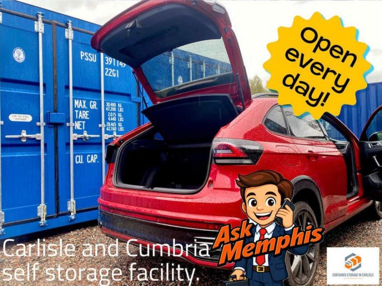 Red car with an open boot at a self-storage facility, surrounded by blue containers.