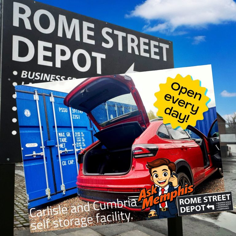 Sign for Rome Street Depot in Carlisle featuring a red car with its boot open, advertising self-storage services.