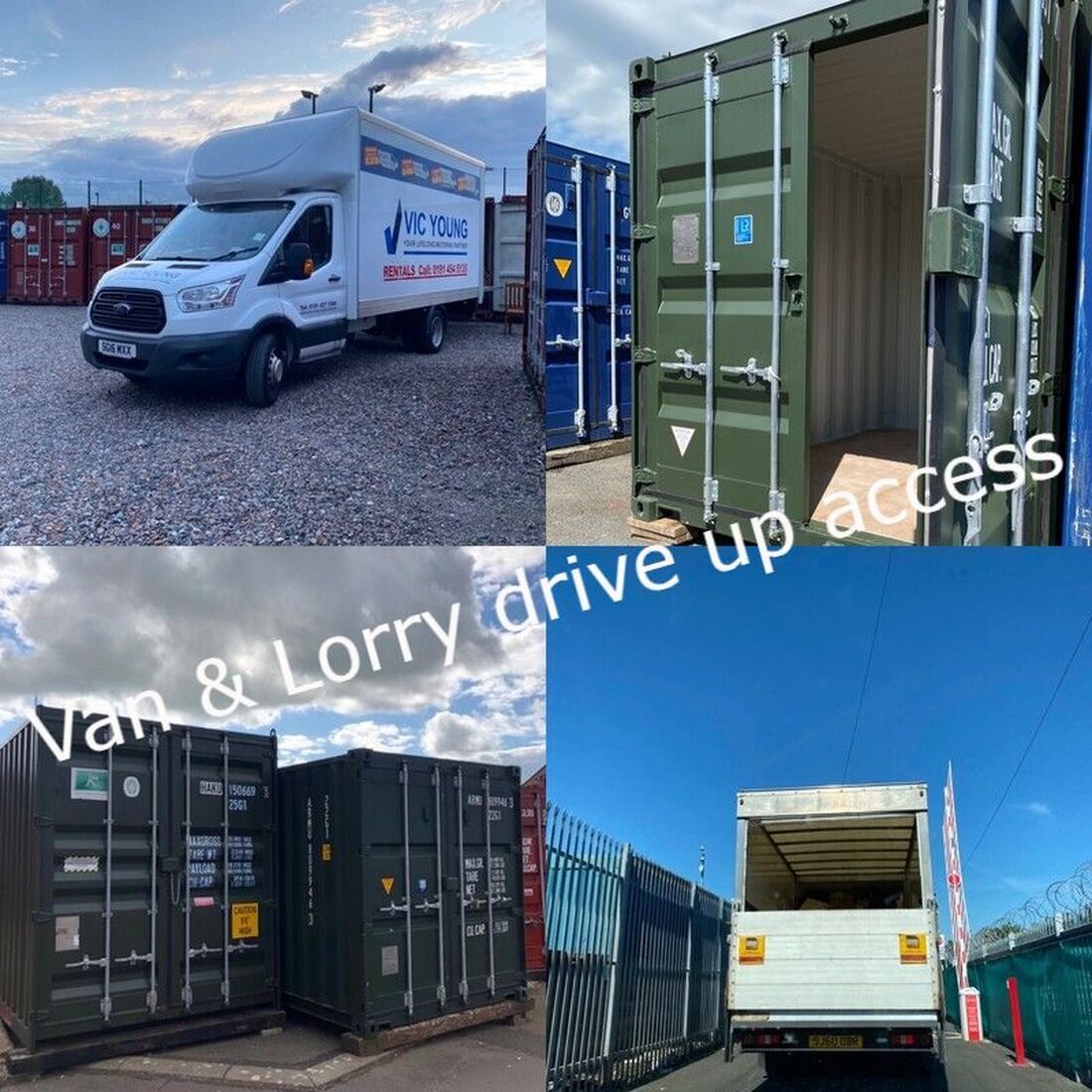 Various storage containers and a van at a facility with drive-up access for vehicles.