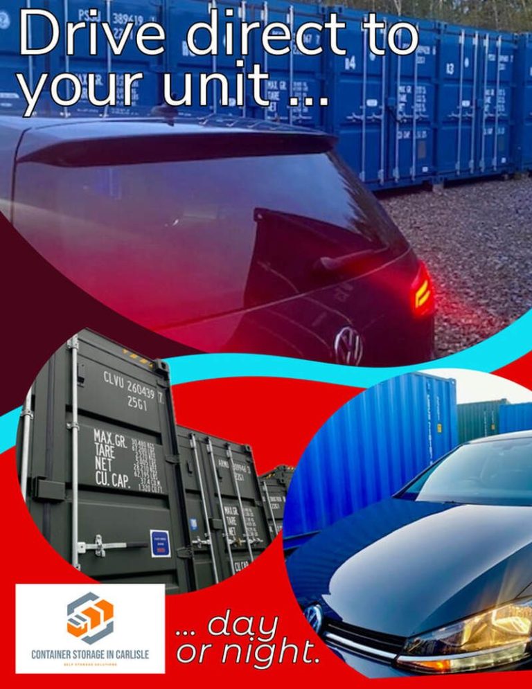 Car parked near storage containers with promotional text about accessibility day and night.