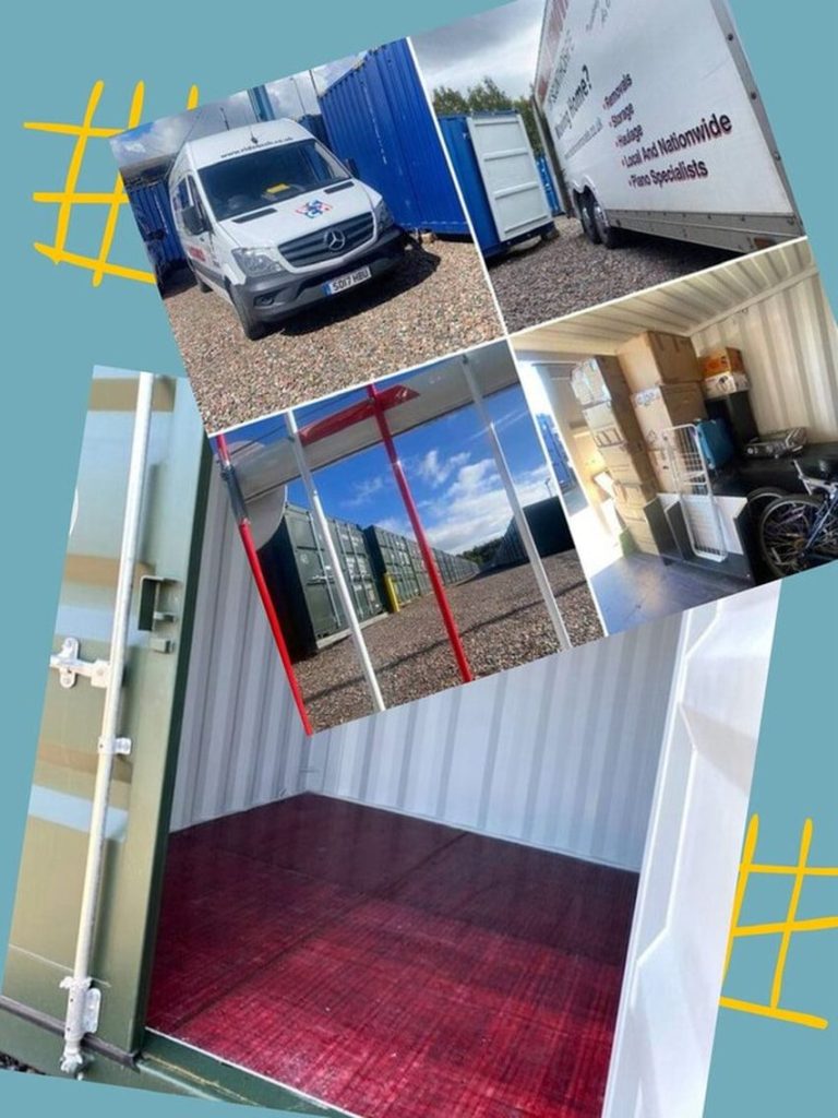 Collage of storage containers, a van, and an empty interior of a shipping container.