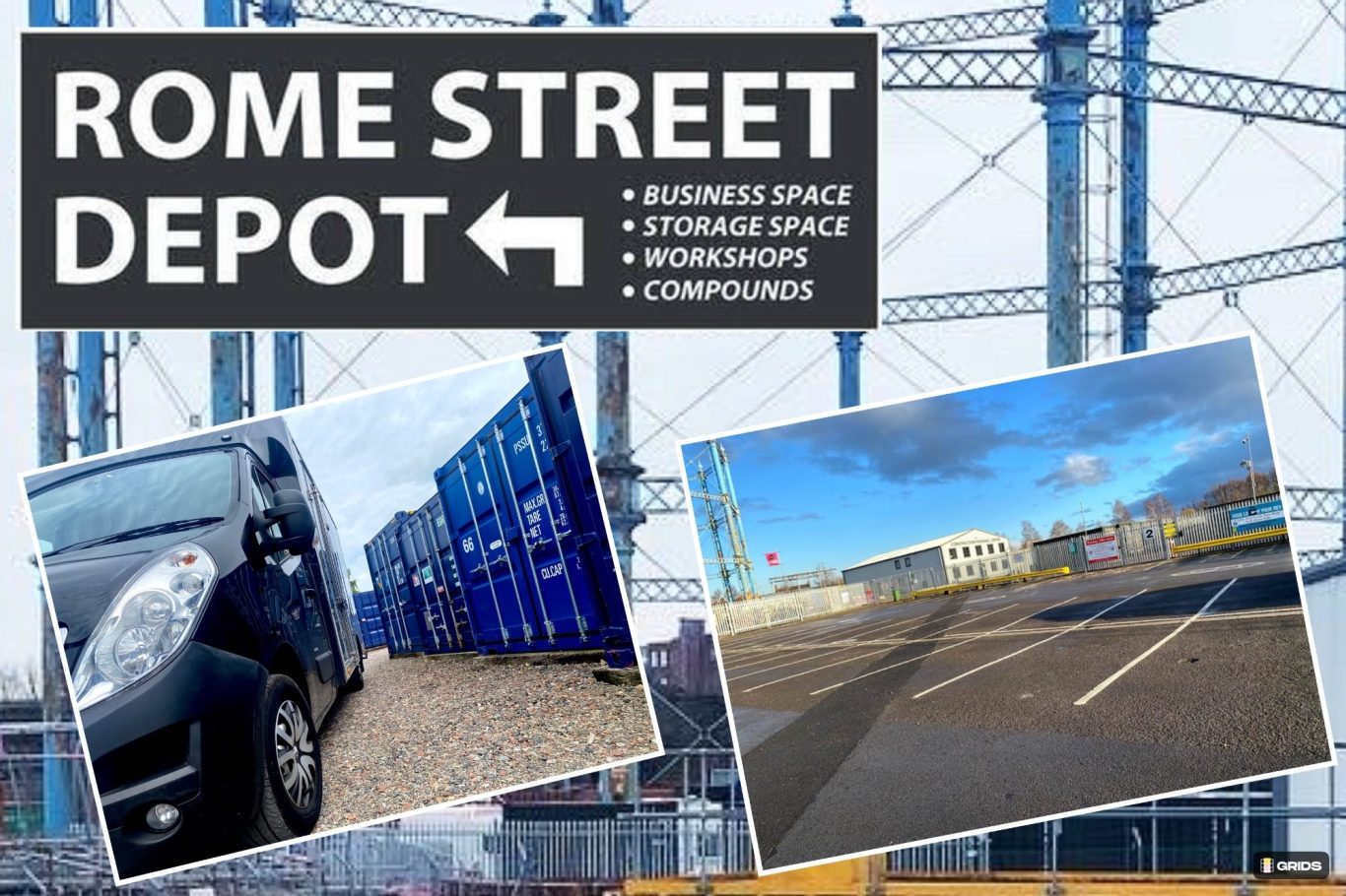 Graphic featuring "Rome Street Depot" with images of a van, shipping containers and a car park.