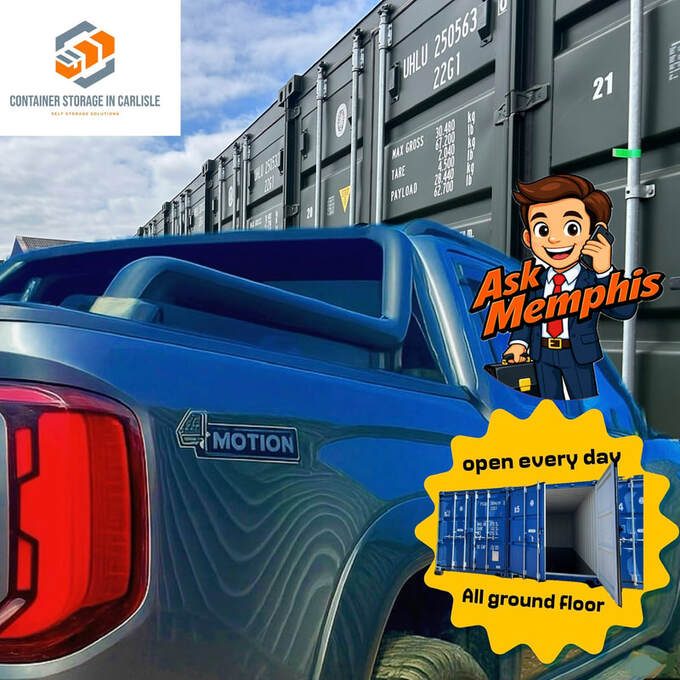 Blue pickup truck parked beside shipping containers with a promotional character on the side.