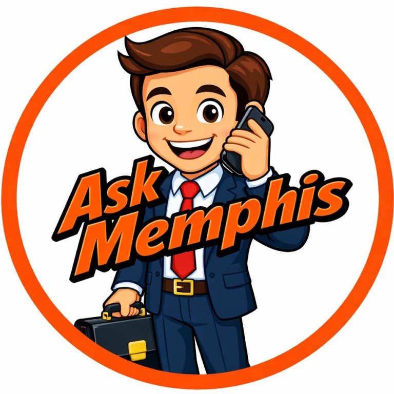 A cartoon character in a suit holding a phone with the text "Ask Memphis."